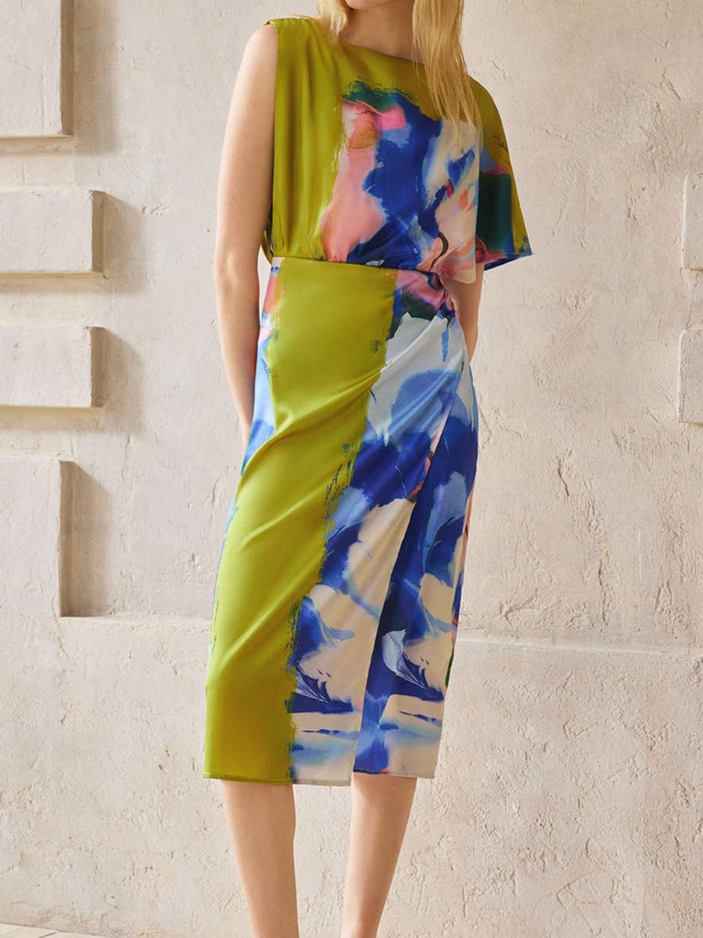 Abstract Floral Print Midi Dress in Lime & Blue